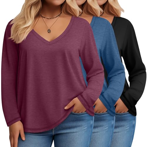 3 Pack Women's Plus Size T Shirts, Casual Long Sleeve Tops V Neck Basic Shirts Fall Loose Fit Soft Tops