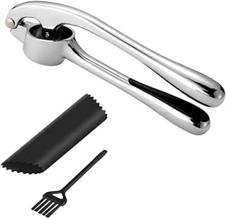 3-pack premium garlic press with soft handle for easy pressing and cleaning, including intended peeler and cleaning brush