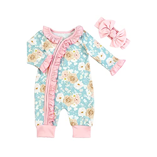 Wowlala New Born Baby Girl Jumpsuit Printed Bottoming Jumpsuit, Headband Dress, Zipper Front Foot Pajamas (Pale Mint Floral Print, 18-24, xx_s)