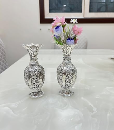 Image of German Silver Vase Pair for Home & Office Decor | Premium Finish Decorative Flower & Centerpiece Bowl | Elegant Tabletop Showpiece for Living Room, Reception & Gifting - 6 Inch, Set of 2