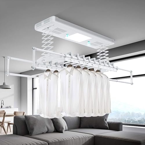 Étendoir à linge électrique monté au plafond avec lumière LED et ventilateur, perche télescopique automatique pour utilisation intérieure et balcon