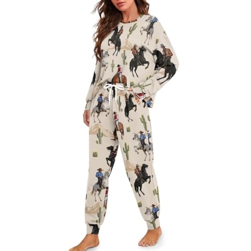 Image of Womens Lounge Set Long Sleeve Soft Pajama Sets Casual 2 Piece Pj Outfit Crewneck Sleepwear with Pockets Plus Size