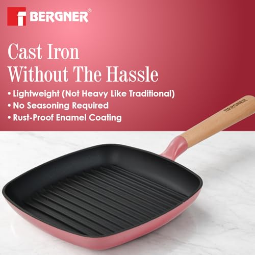 Image of BERGNER Excalibur Lightweight Cast Iron Square Grill Pan 24cm, Sturdy Wooden Handle, Non-Stick Coating, PFAS Free, Perfect Heat Distribution, Elegant Design - Induction Compatible (Pink)