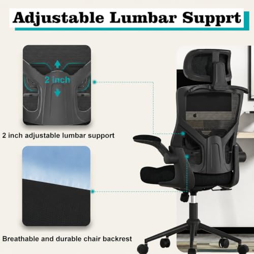 Image of Office Chair for Long Hours & Lower Back Pain Relief - 4 inch Thick Molded Foam Cushion, Padded Lumbar Support and Flip-up Armrests, Ideal for Office or Study (Modern, Black-HR)