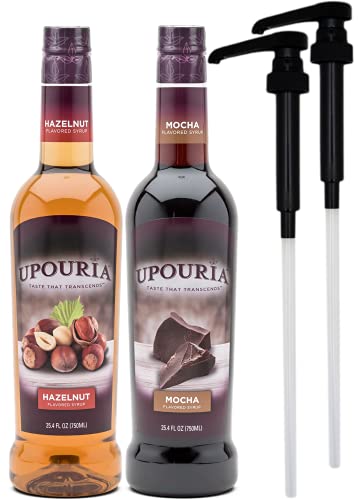 Upouria Hazelnut & Mocha Coffee Syrup Flavoring, 100% Vegan, Gluten Free, Kosher, 750 mL Bottle (Pack of 2) with 2 Coffee Syrup Pumps