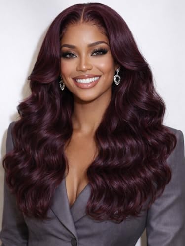 Image of Beauty Forever Bye Bye Knots Black Cherry Loose Body Wave Glueless Wigs Human Hair Pre Plucked Pre Cut 7x5 Lace Front Drawstring Wig with Face Framing Layers Put on and Go Wig 180% Density 26inch