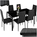 TecTake® Set di Mobili per Sala da Pranzo, 6 Sedie in Similpelle Resistente, Tavolo con Piano in Vetro, Design Moderno, Piedini SalvaPavimento, Ideale per Cucina e Soggiorno - Nero/Nero