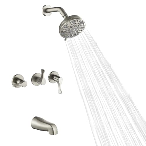 3 Handles Tub Shower Faucet Set Shower System with Tub Spout Bathtub Faucet Set Shower Tub Combo Set Complete Tub and Shower Valve Trim Kit Shower Fixtures Brushed Nickel