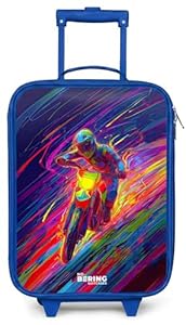 NoBoringSuitcases.com® Kinderkoffer Blau Klein Reise Trolley 48x31x19 cm Reisekoffer Kleiner Kinder Koffer mit LED Rollen Kindertrolley Hartschalenkoffer Crossrad - Neonfarben - Linien - Helm