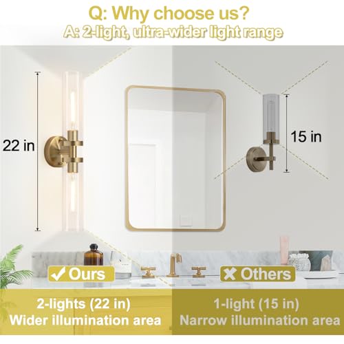 Image of Wall Sconces Set of Two, Hardwired Brass Bathroom Sconces Wall Lighting with Clear Glass, Modern Sconces Wall Decor Set of 2 Vanity Light fixtures for Bathroom Mirror Bedroom (Bulbs Not Included)