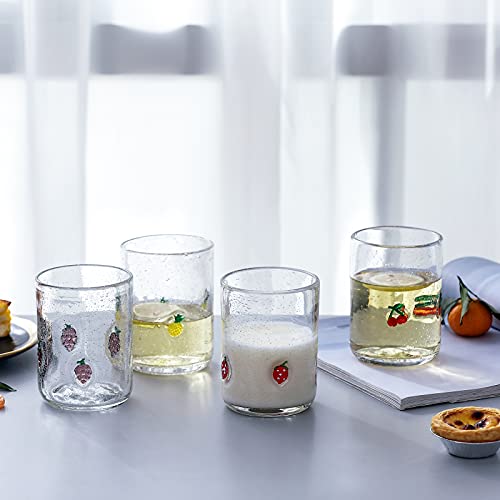 Everest Global Hand Blown Vintage Juice Bubble Glasses Set Of 4, 15.4 Oz Crystal Clear With Fruit Decal Harvest Farm Home Decor Adorable Lovely Cute Tumbler Drinking Water Cups Gifts For Women #TOP2