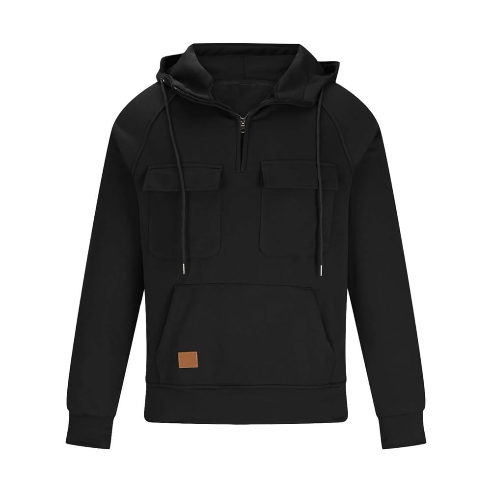 Męskie bluzy z kapturem Cargo, męska bluza taktyczna, bluza z kapturem z zamkiem błyskawicznym i kieszeniami, Czarny, XXL