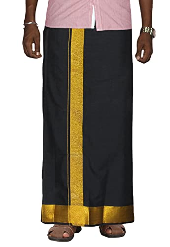 Image of PRAKASAM COTTON Velcro Pocket Dhoti for men, 2 inch Jari Border Mundu, Readymade Dhoti for men, South Indian Veshti