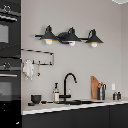 Image of 3 Light Bathroom Vanity Light Over Mirror - Farmhouse Wall Light for Bathroom Vanity Powder Room, Rustic Gooseneck Barn Style 3 Bulb Wall Sconce Over Kitchen Sink