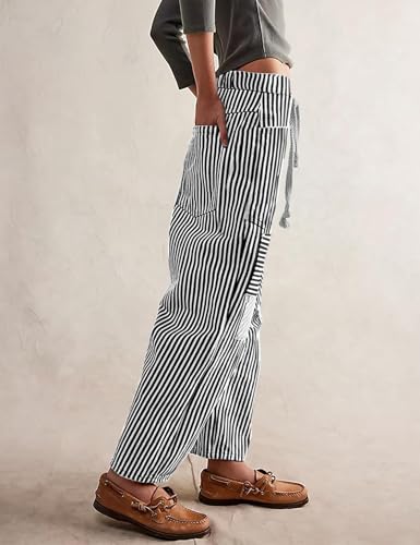 Baggy Barrel Jeans for Women Y2k Striped Drawstring High Waist Straight Wide Leg Boyfriend Jeans Mom Denim Pants3