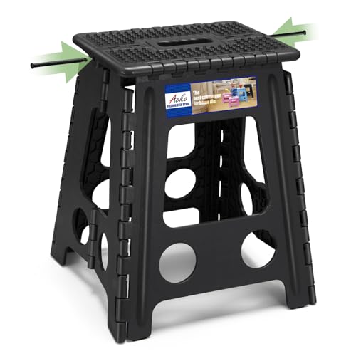Image of ACKO Folding Step Stool Foldable 16 Inch Stools for Adults and Kids, Plastic Stools Tall 400 lbs Capacity, Collapsible Stool for Kitchen Stepping Foot Stool with Handle, Dot Black,1 PC