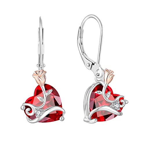 Dangle Drop Leverback Earrings for Women 925 Sterling Silver Rose Flower Earrings, 5A Cubic Zirconia Birthstone Jewelry Gifts for Valentines, Mothers Day