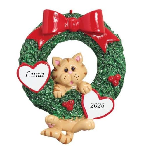Holiday Treasures Personalized Orange Tabby Cat Wreath Christmas Ornament