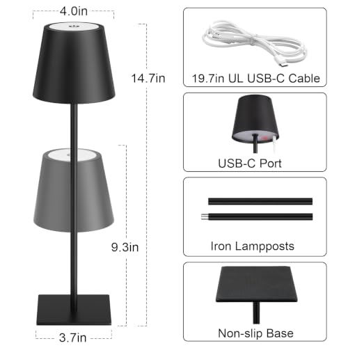 Image of Kakanuo Cordless Rechargeable Table Lamp Black 5000mAh Battery Operated Lamps, 3 Colors Stepless Dimming Touch Lamp for Dining, Living Room, Outdoor Patio, Kitchen Counter, 4 Pack