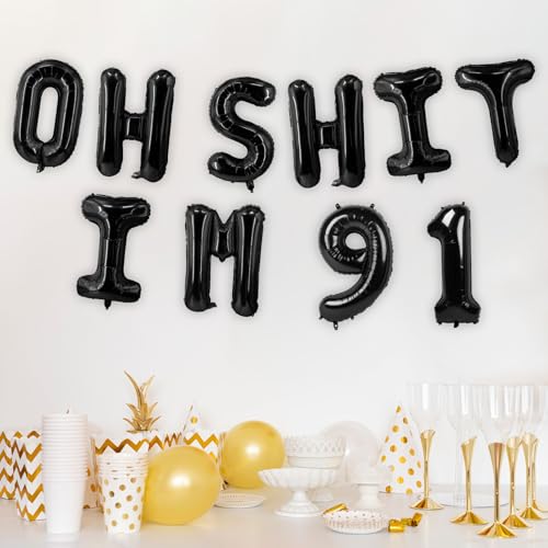 Image of Oh I'm 91! Latex Balloons 16 Inch Black Hallo Ninety One Cheers to 91 Years Old Theme Decor for Man Woman Happy 91st Birthday Party Photo Studio Prop Flag Decorations Favors Supplies