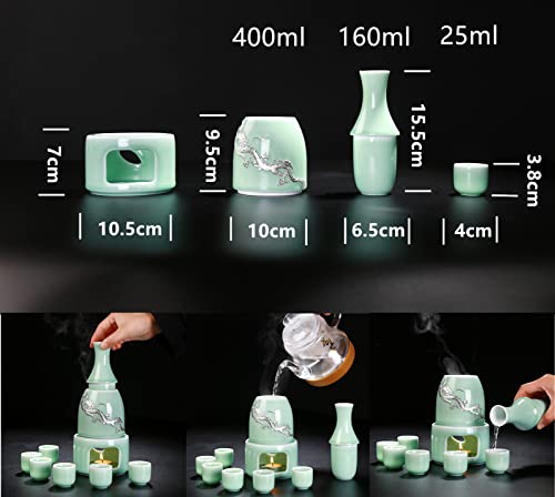 Miruike Celadon Sake Set With Sake Warmer Gift Box Packaging 9 Pcs #TOP2