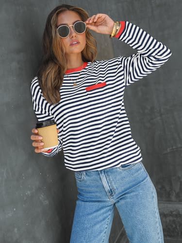 Image of LILLUSORY Womens Striped Soft Knit Pullover Sweater Loose Fit Shirts with Chest Pocket
