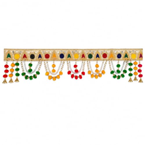 Image of ONESTA Handcrafted Mirror Work Door Toran Bandhanwar with Pearl Chains Pom Pom Tassels & Golden Bells | Traditional Main Door Hanging for Diwali Pooja Temple Home Entrance & Festive Decoration 3Feet (Size 36 Inch Pack 01)