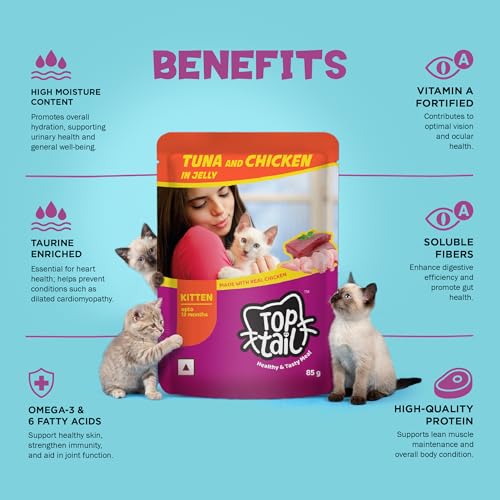 Image of Wet Kitten Cat Food Jelly 12 Pouches, (Upto 12 Months), Made with Real Tuna Fish & Chicken | Kitten Cat Food High Protein & Omega 3, Healthy Skin & Coat | (85g Each Pack)