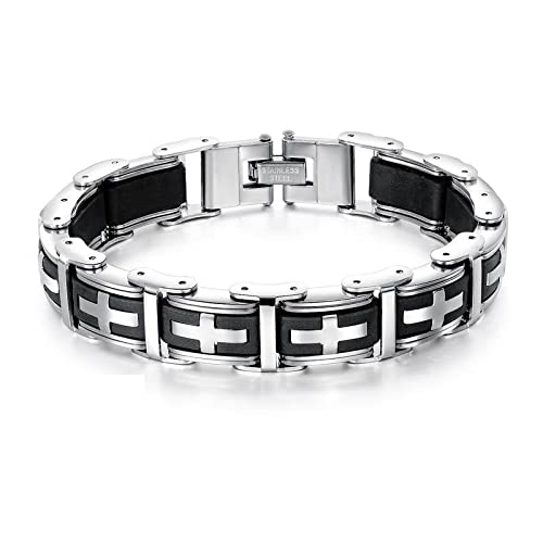 Bracelet en acier inoxydable et silicone noir avec croix magnetique pour homme