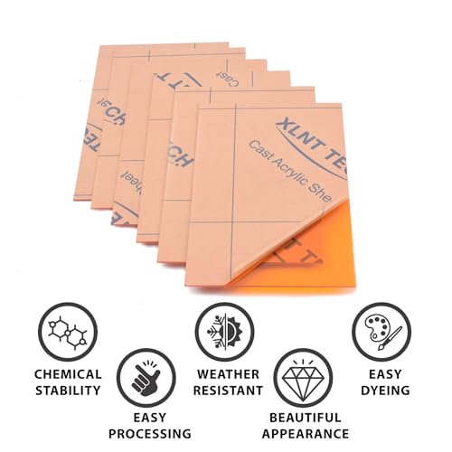 Image of 6 PCS Orange Transparent Cast Acrylic Sheets 8 inch x 12 inch x 0.118 inch, Plexiglass Plastic Sheet for Laser Cutting, Engraving Signs, DIY Projects.