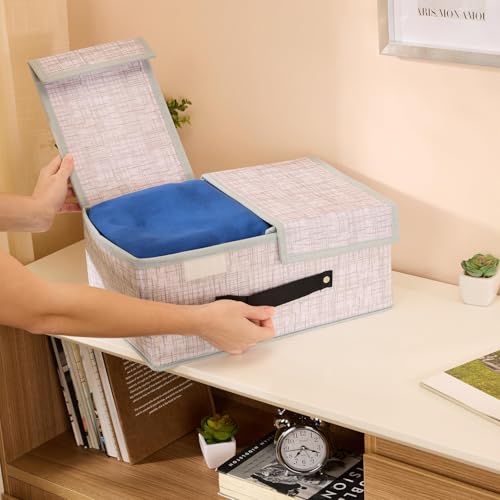 Image of Amazon Brand - Solimo Double Lid Foldable Storage Box | Toys Storage Bin | Wardrobe organizer for Clothes | Front Handle | Stackable Rack | 36 x 25 x 16 cm (Jute Print, Grey)