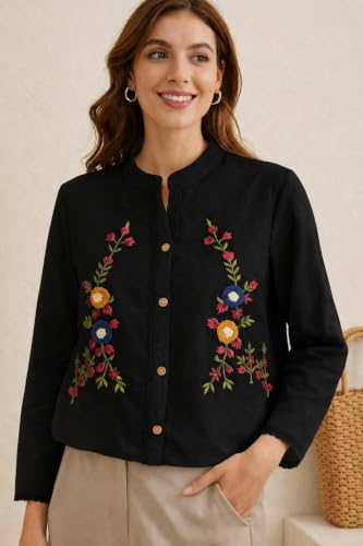Image of RIEKA Womens Off White Cotton Shirt with Multicolour Floral Embroidery Button Down Mandarin Collar Relaxed Fit Casual Wear Top