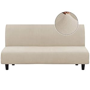 Turquoize Stretch Futon Cover Full Size Armless Sofa Bed Cover Futon Couch Cover Furniture Protector with Elastic Bottom Feature Thick Soft Checked Jacquard Fabric, Machine Washable, Biscotti Beige