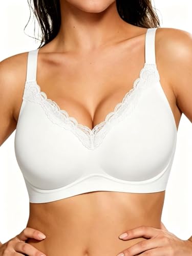 HORISUN V Neck Lace Wireless Bras for Women Push Up Bralette No Underwire Gel Bra Full Support Lift Seamless Everyday Bras (White 42C)