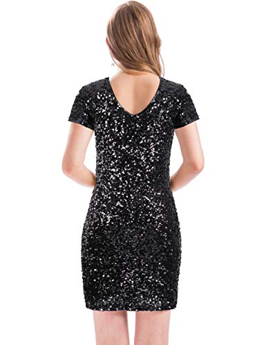 Image of MANER Women's Sequin Glitter Short Sleeve Dress Sexy V Neck Mini Party Club Bodycon Dresses