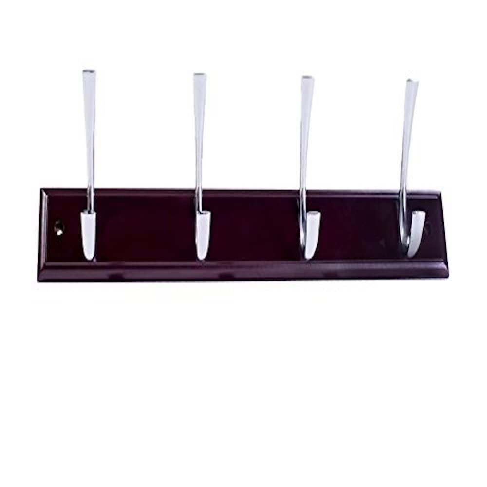Merriway BH03301 Large Ribbed Hat and Coat Hooks on Mahogany Rail with Bright Chrome Finish