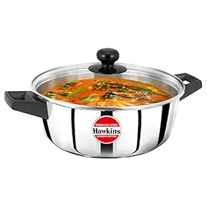 Hawkins 3 Litre Cook n Serve Casserole, Stainless Steel Saucepan with Glass Lid, Induction Pan, Sauce Pan for Cooking and Serving, Black (SSCB30G)