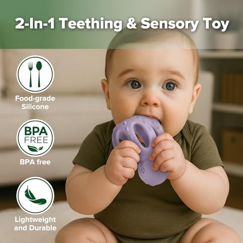 Image of haakaa Octopus Rattle Teether,2-in-1 Baby Teething Toy with Gentle Rattle,Soft Textured Teether for Sore Gums,Easy to Grasp Sensory Toy for Babies 3M+,Lavender