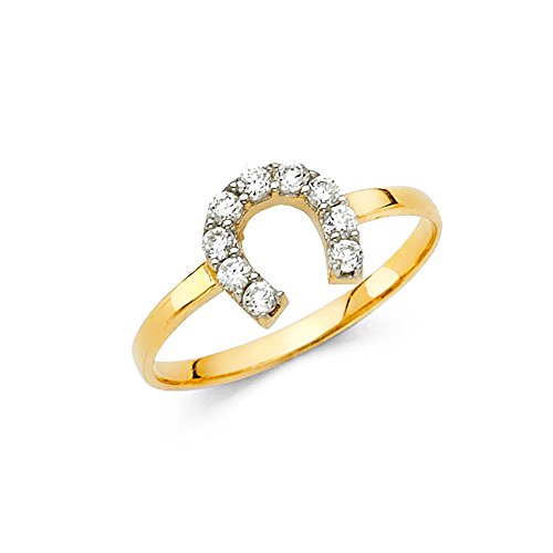 Horseshoe Ring CZ Solid 14k Yellow Gold Band Good Luck Charm Stylish Polished Finish Fancy