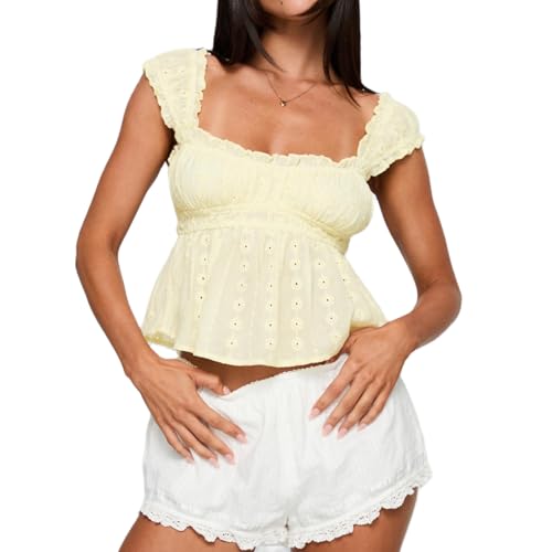 Women Babydoll Top Teen Girl Lace Trim Ruched Ruffle Shirt Fairy Short Sleeve Tees Y2k Going Out Streetwear