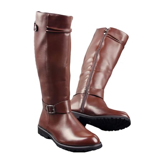 Equestrian Boots(37-46), Smooth Leather Knee - High Boots, Field Boots, Belt Buckle/Side Zipper, Non-Slip/Waterproof, for Autumn Spring/Men/on Foot Sports,39,Brown