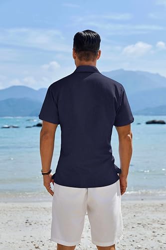 Image of COOFANDY Men's Button Down Shirts Short Sleeve Casual Shirts Summer Beach Linen Shirts with Pocket