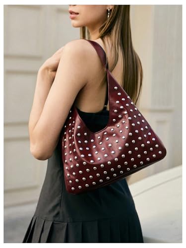 MakeMeChic Women's Faux Leather Shoulder Handbag Rivet Top Handle No Closure Y2k Bag2