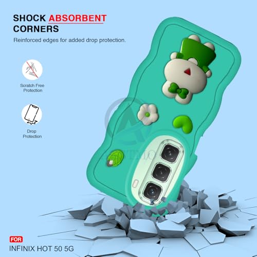 Image of AESTMO Back Case Cover for Infinix Hot 50 5G | 3D Cute Fun Cartoon Characters | Anti Slip Grip Cute Wave Curly Frame Shape | Full Body Protection Back Cover for Infinix Hot 50 5G (MintGreen)