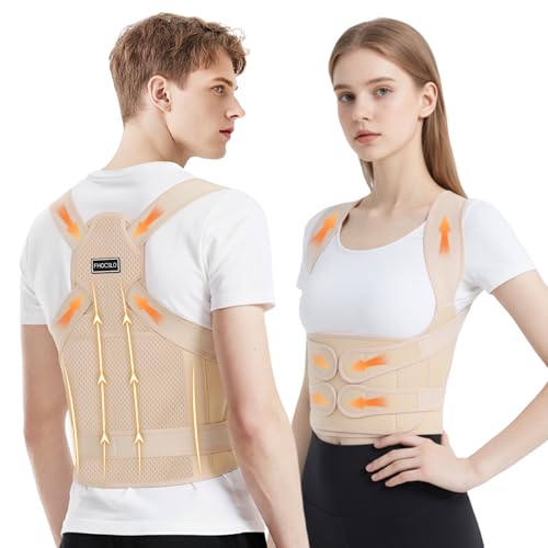 FHOCSLO Back Brace Posture Corrector Women and Men, Adjustable Shoulders Straightener - Breathable Upper Lower Back Support Belt Strap for Relieve Pain, Hunchback and Scoliosis (Nude, M)