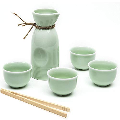 Japanese Sake Set 5 Pieces Sake Set with Bamboo Cup Clip Celadon Hand Painted Design Porcelain Pottery Traditional Ceramic Cups Crafts Wine Glasses Green