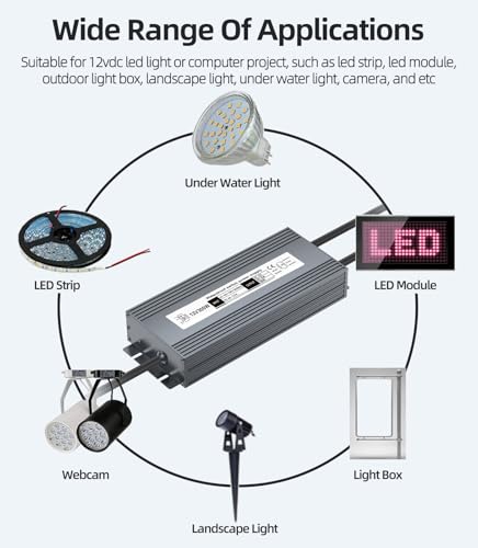 Image of Low Voltage Transformer 300W, IP67 Waterproof LED Power Supply Driver, AC 100-130V to DC 12V Quiet Converter Power Adapter for Indoor Outdoor LED Light Strip, Computer, Landscape Lighting Project