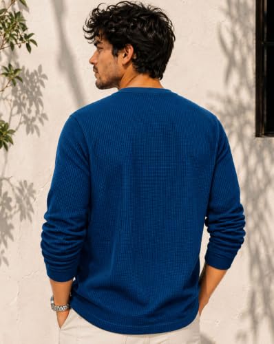 Image of AUSK Men's Waffle Knit Henley T-Shirt | Cotton Blend Full Sleeve Textured Casual T Shirt | Regular Fit Button Placket Round Neck Tshirt for Men