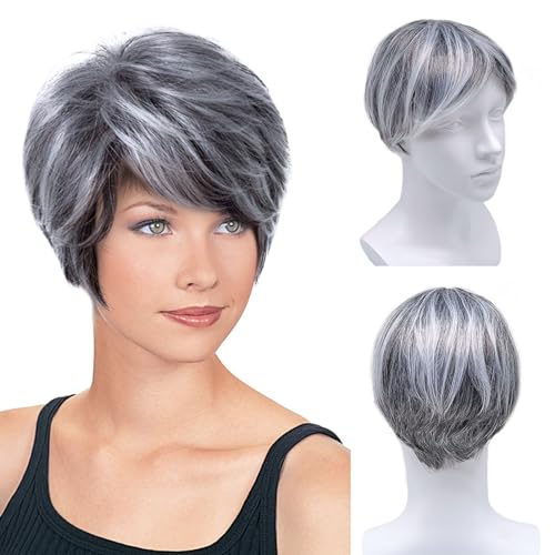 XNIVUIS Pelucas Cortas de Cabello Humano Plateado Gris para Mujeres, Peluca Corta, Peluca de Pelo Corto para Mujer, Pelo Corto Mujer Pelucas para Mujeres con Flequillo para Cosplay diario (1 Pcs)