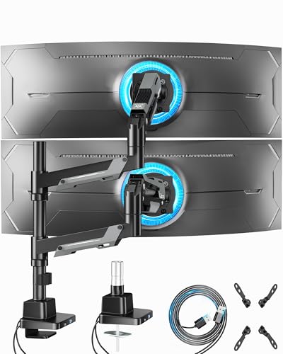 Image of ARES WING Vertical Dual Monitor Mount - 24-57 inch Aluminum Heavy Duty Monitor Arms for 2 Monitors with USB A /C, Fully Adjustable Gas Spring Stacked Monitor Stand with 75 /100 /200 Vesa Mount, Black